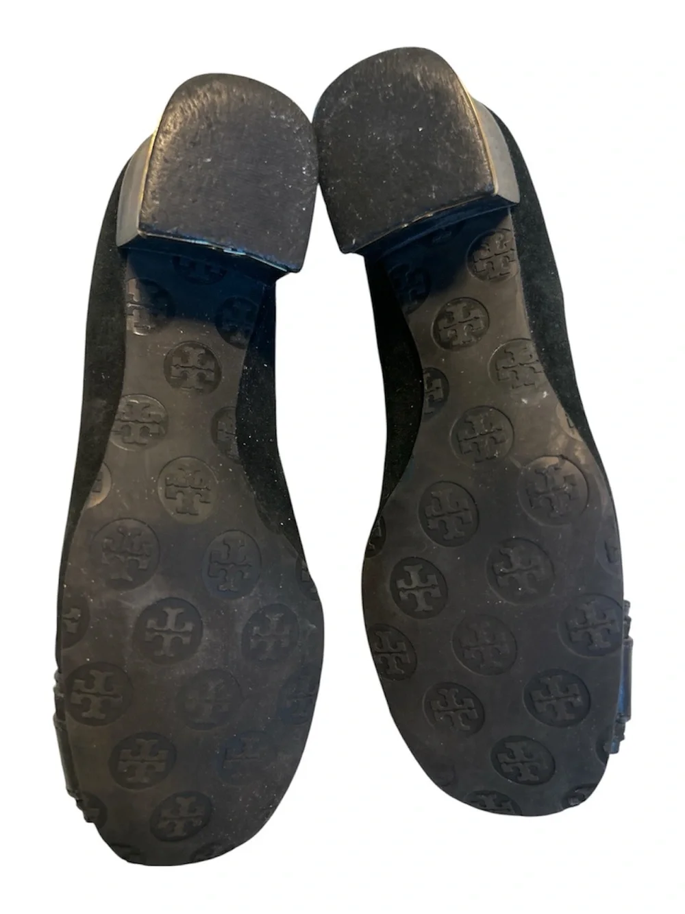 Tory Burch rounded toe, black suede, and leather pumps with gold accents 8.5M